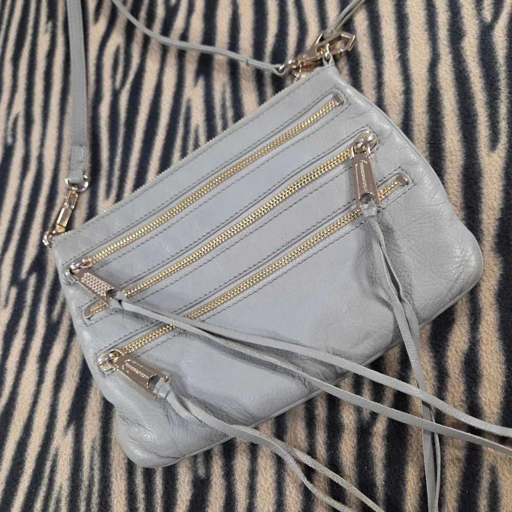 Rebecca Minkoff 5-Zip Crossbody Grey Gen Leather Moto Fringe Bag Gold Hardware